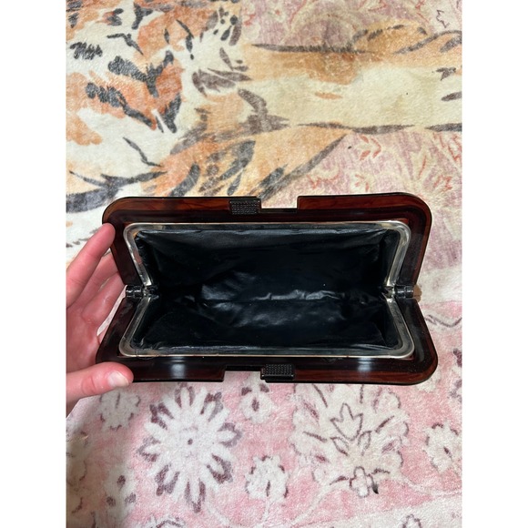 Vintage Patchwork Leather Clutch Bag Brown Striped Tortoiseshell Frame Handbag - Picture 3 of 5